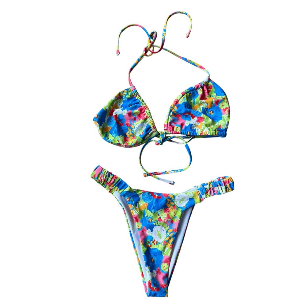 Multicolor Floral Triangle High Waist Adjustable String Bikini Swimsuit Sz M